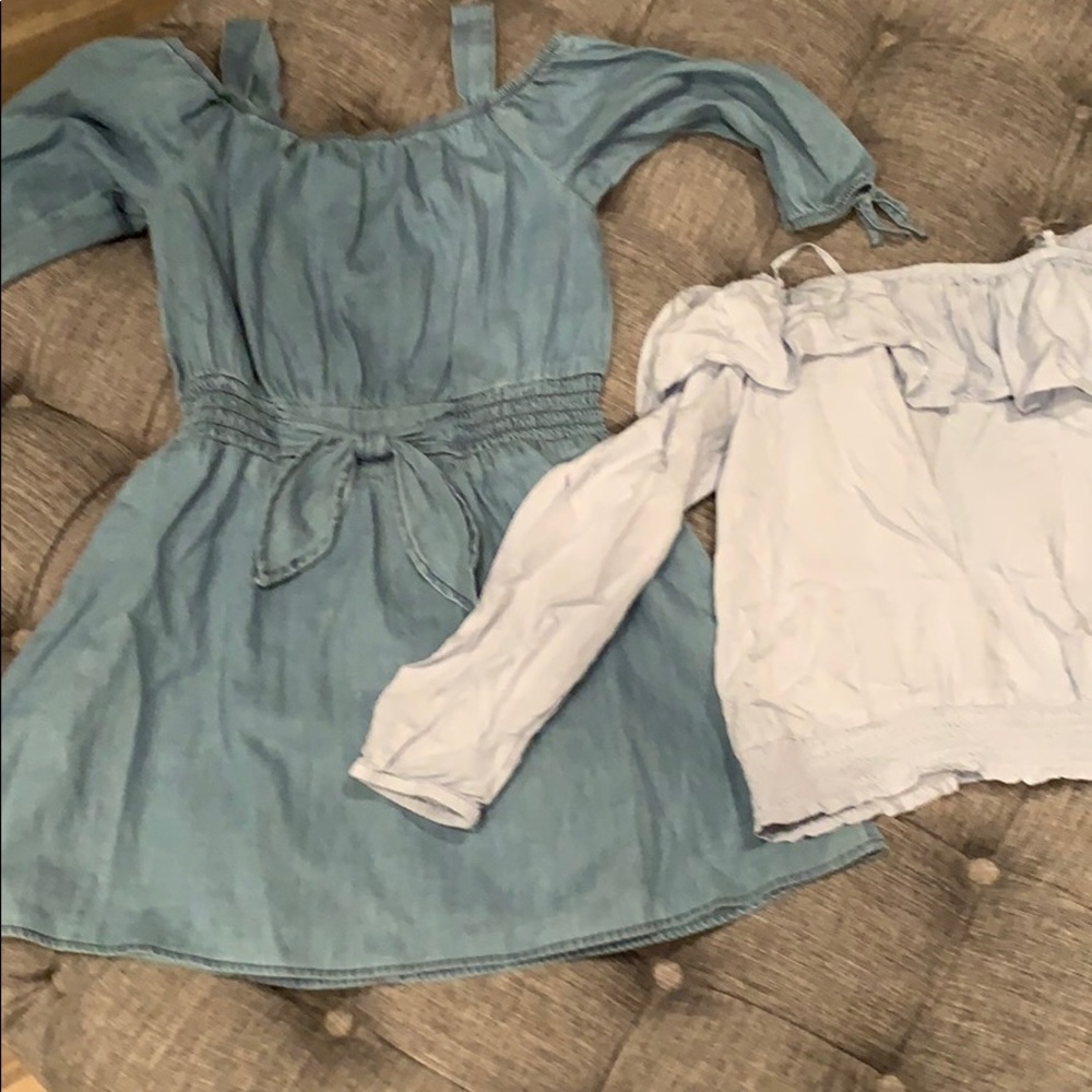 1 blue jean dress, 1 blue shirt, size medium